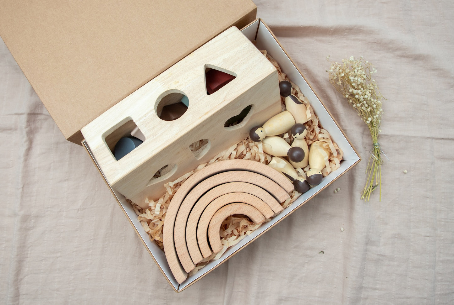 Montessori Starter Gift Box – Wooden Puzzle Box | Rainbow Stacker | Birch Folk Peg Dolls