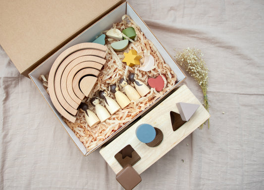 Montessori Starter Gift Box – Wooden Puzzle Box | Rainbow Stacker | Birch Folk Peg Dolls