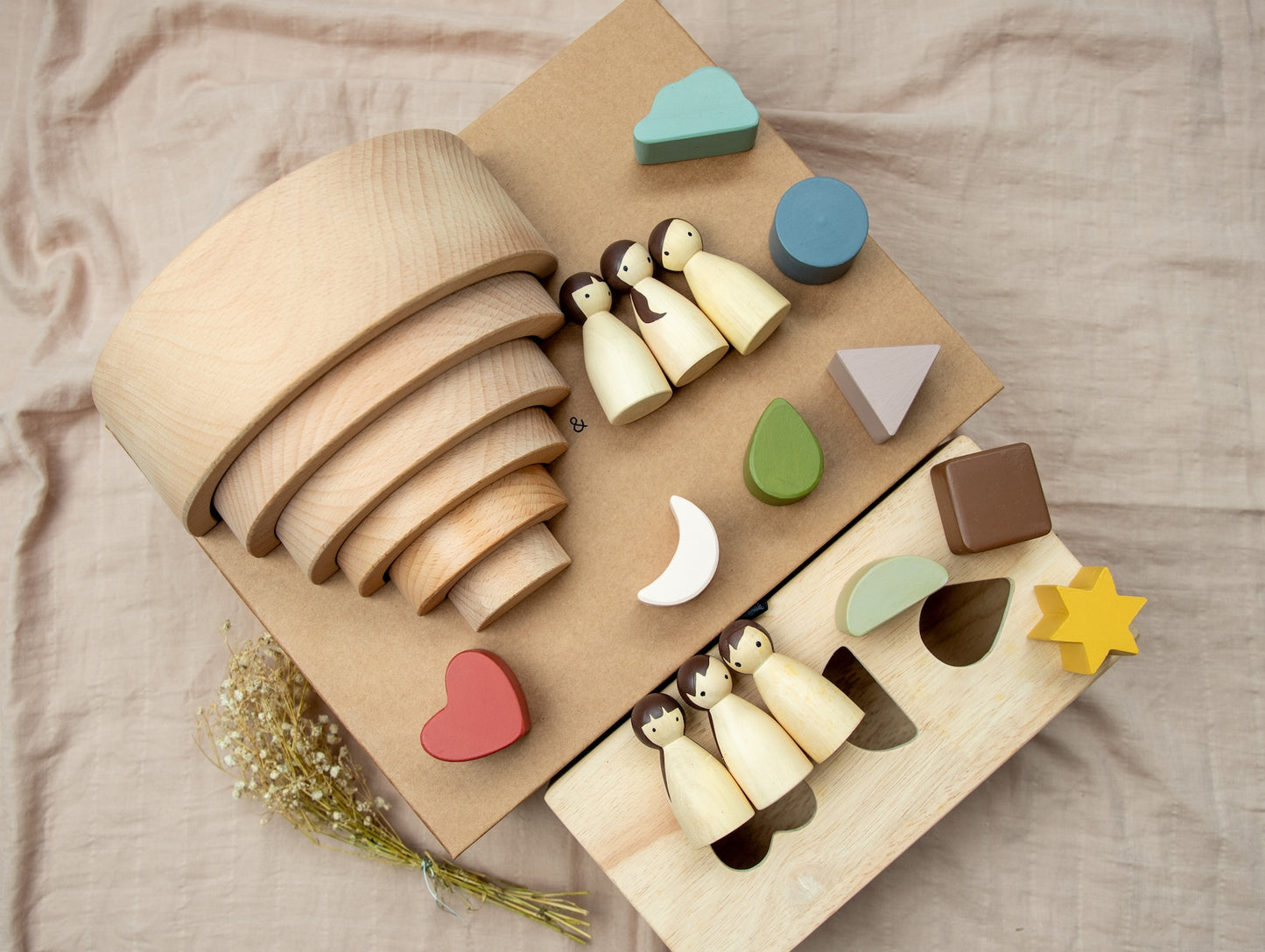 Montessori Starter Gift Box – Wooden Puzzle Box | Rainbow Stacker | Birch Folk Peg Dolls