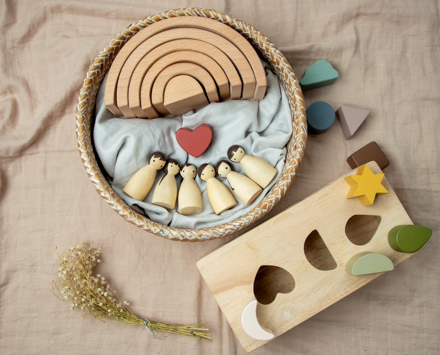Montessori Starter Gift Box – Wooden Puzzle Box | Rainbow Stacker | Birch Folk Peg Dolls