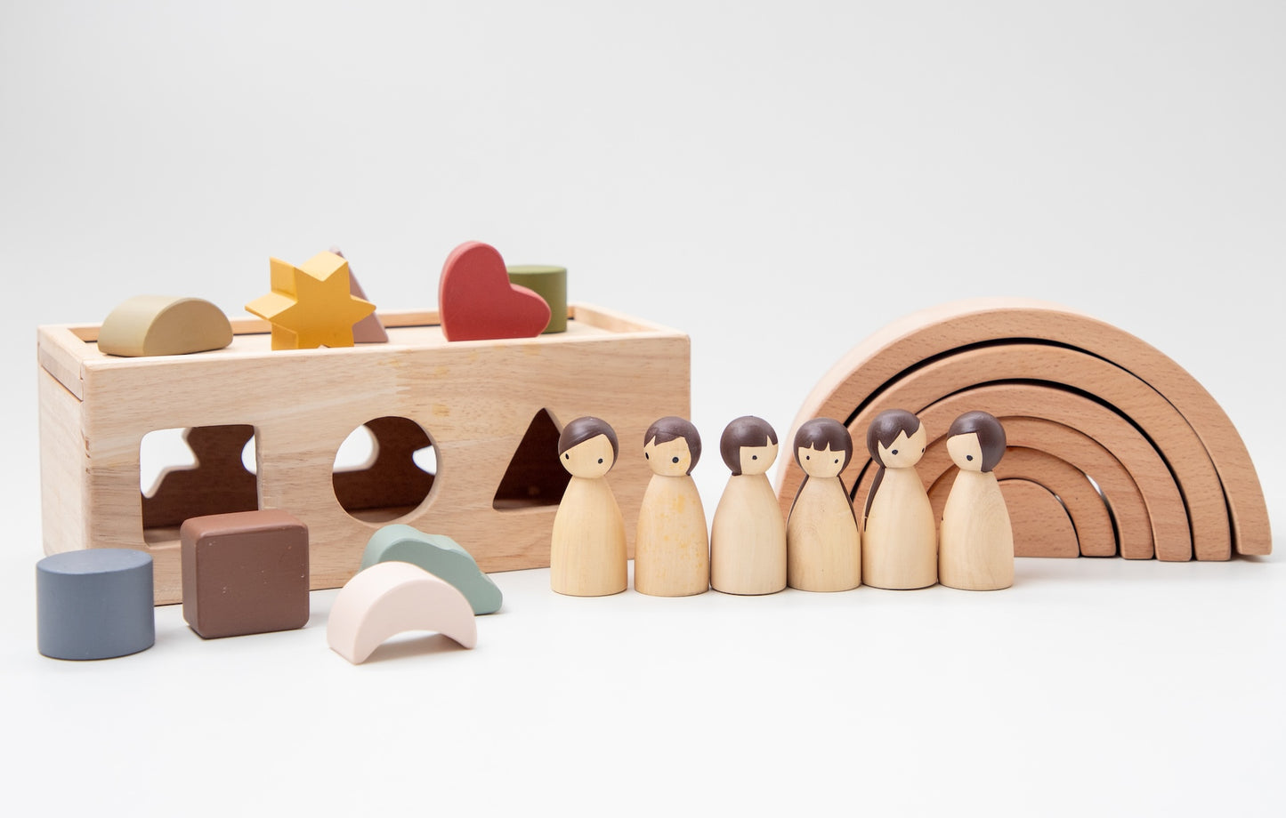 Montessori Starter Gift Box – Wooden Puzzle Box | Rainbow Stacker | Birch Folk Peg Dolls