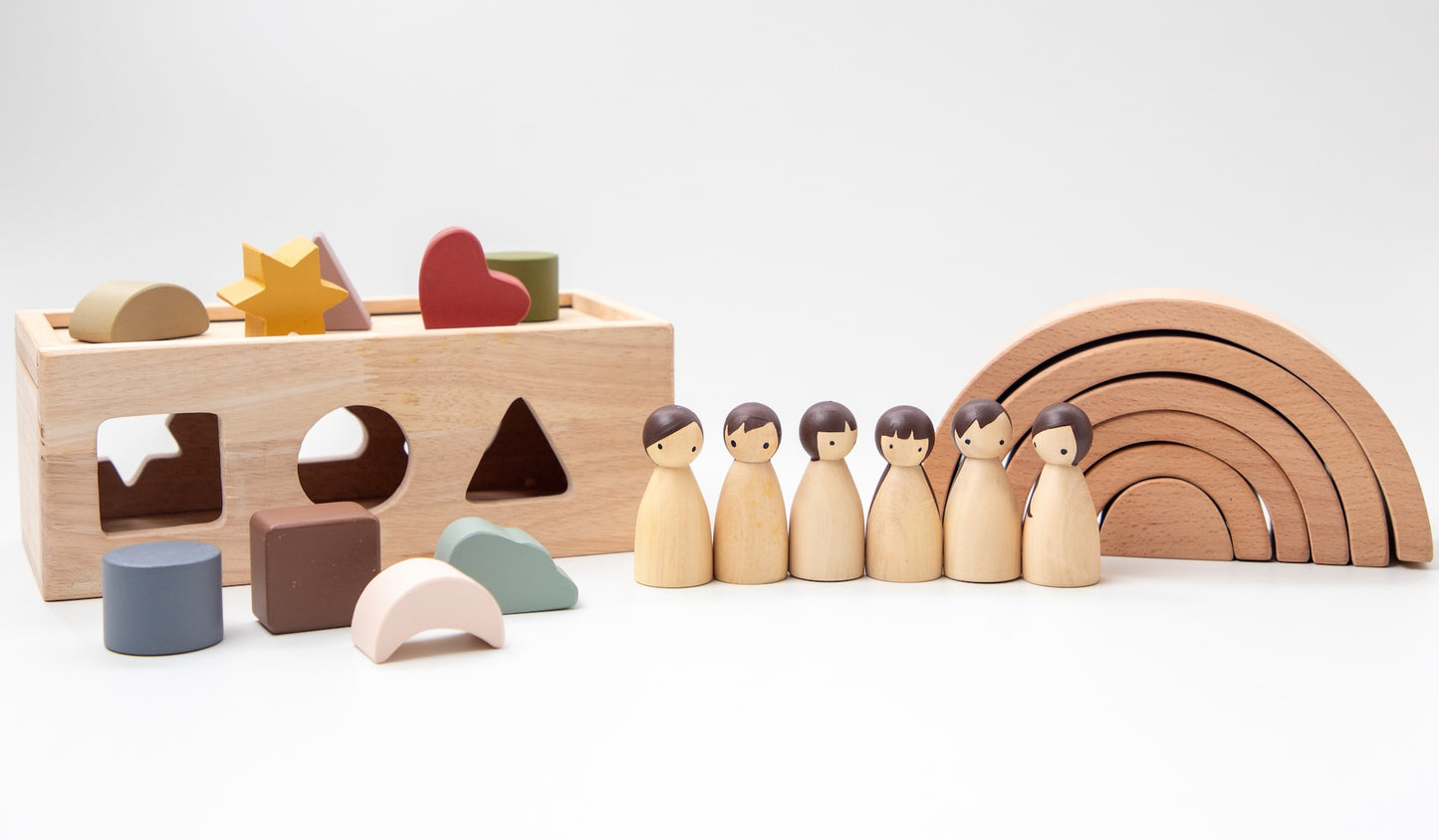 Montessori Starter Gift Box – Wooden Puzzle Box | Rainbow Stacker | Birch Folk Peg Dolls