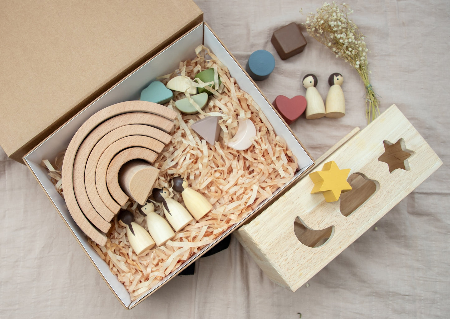 Montessori Starter Gift Box – Wooden Puzzle Box | Rainbow Stacker | Birch Folk Peg Dolls