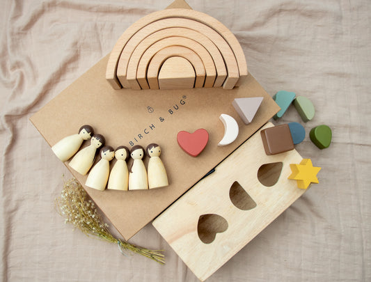 Montessori Starter Gift Box – Wooden Puzzle Box | Rainbow Stacker | Birch Folk Peg Dolls